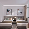Cozy Hotel Guest Room with Twin Beds Paintings on Wall Window and Nightstand Chair