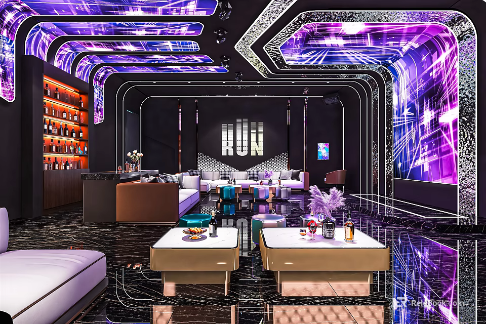 Modern KTV Interior With Purple Lighting Sofas Bar Counter Wine Cabinets And Hi tech Decor 3d model 
