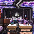Modern KTV Interior With Purple Lighting Sofas Bar Counter Wine Cabinets And Hi tech Decor