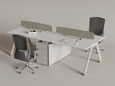 Modern White Office Desk With Two Partition Screens And Gray Ergonomic Chairs 3d model