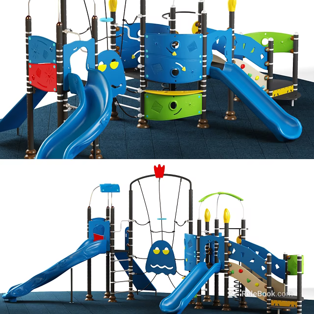 Colorful Outdoor Playground Equipment With Blue Slides Climbing Structures For Kids 3d model 