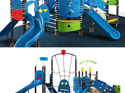 Colorful Outdoor Playground Equipment With Blue Slides Climbing Structures For Kids 3d model