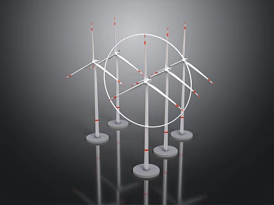 Multiple Wind Turbine Models With White Blades Red Markers And Base Stands 3d model
