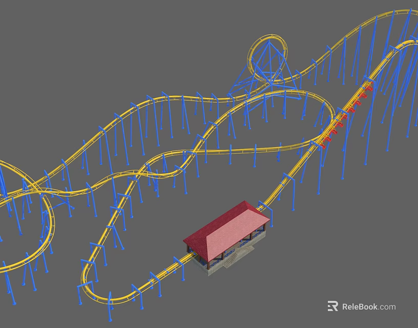 Roller Coaster Amusement Ride with Yellow Tracks Blue Supports and Red Roofed Station Building 3d model 