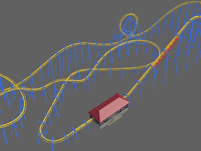 Roller Coaster Amusement Ride with Yellow Tracks Blue Supports and Red Roofed Station Building 3d model