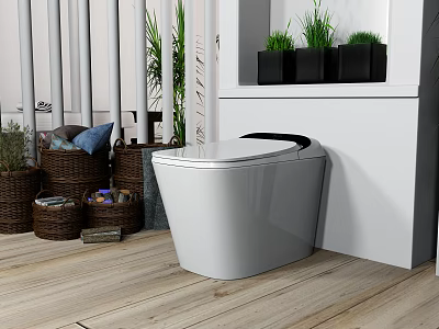 Modern White Smart Toilet In Bathroom With Green Plants And Wooden Floor 3d model