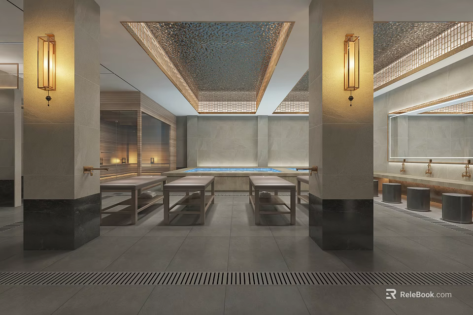 SPA Sauna Interior Design With Wooden Benches Warm Lighting And Marble Walls 3d model 
