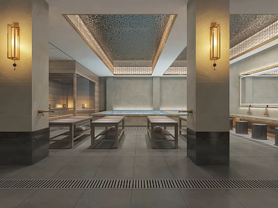 SPA Sauna Interior Design With Wooden Benches Warm Lighting And Marble Walls 3d model