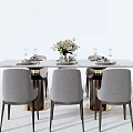 Modern Marble Dining Table Set With Gray Chairs And Floral Vase Tableware 3d model