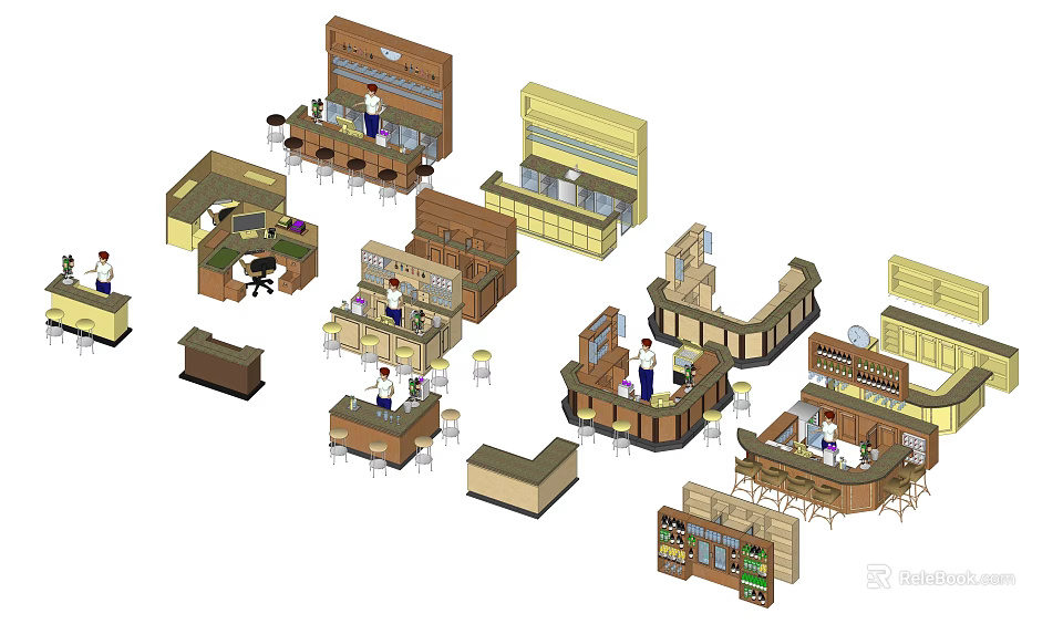 Various Bar Counter Designs With Seating And Wooden Cabinet Structures 3d model