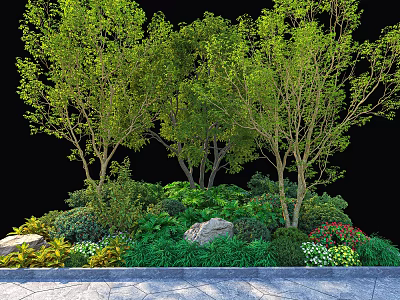 Lush Shrubs with Trees Rocks Green Plants and Colorful Flowers along Stone Pathway 3d model