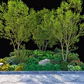 Lush Shrubs with Trees Rocks Green Plants and Colorful Flowers along Stone Pathway