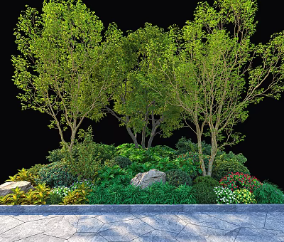 Lush Shrubs with Trees Rocks Green Plants and Colorful Flowers along Stone Pathway 3d model
