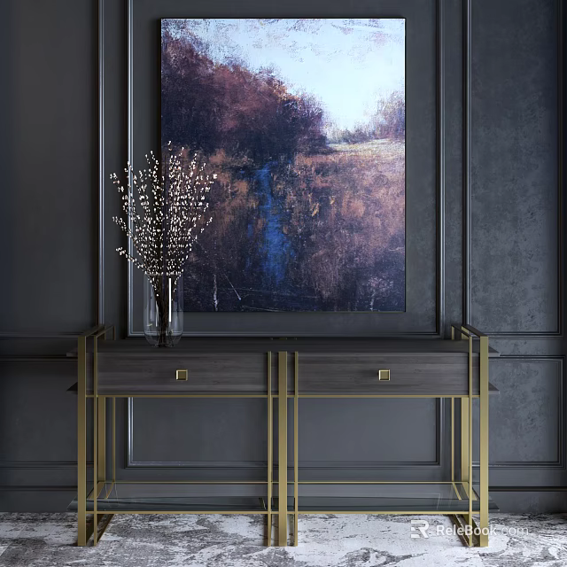 Stylish Console Table With Gold Frame And Vase In Modern Interior 3d model