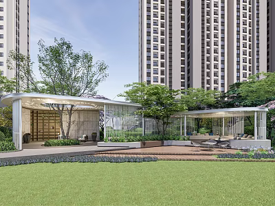 Residential Landscape Design With Tall Buildings Green Lawn Trees And Rest Area 3d model