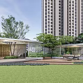 Residential Landscape Design With Tall Buildings Green Lawn Trees And Rest Area