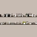 Decorative Ornament Arrangement on Two Shelves with Bottles Jars and Small Plants