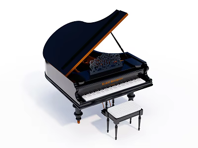 Black Grand Piano With Open Lid White Keys And Matching Stool As Musical Instrument 3d model