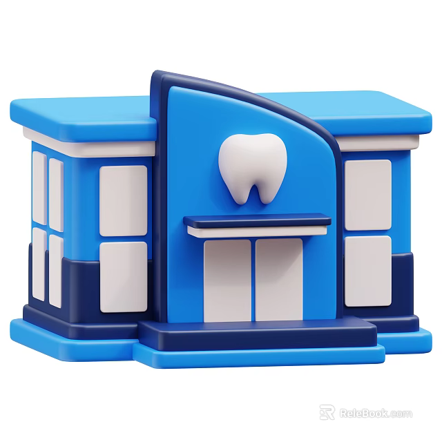 Blue Dental Hospital Building With White Tooth Symbol Windows And Doors 3d model 