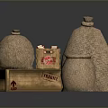 Household Supplies Featuring Sack Wrapped Containers Wooden Crate Milk Cartons And Grain Filled Earthenware Jar
