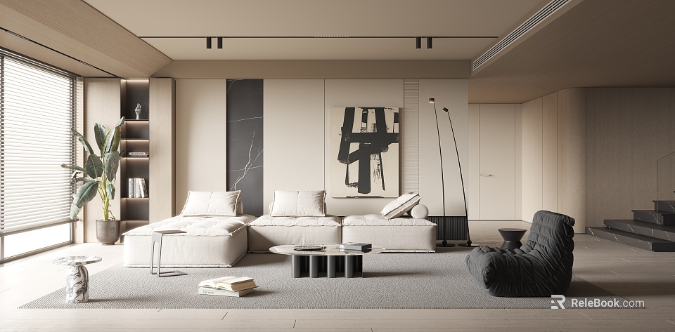 Modern Living Room Interior With Beige Sofa Black Accent Chair Abstract Painting And Floor Lamp 3d model 