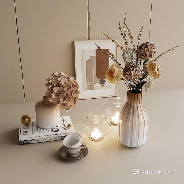 Decorative Ornament Set with Dried Flowers Vase Glass Lantern Picture Frame Candle Teacup and Books 3d model 