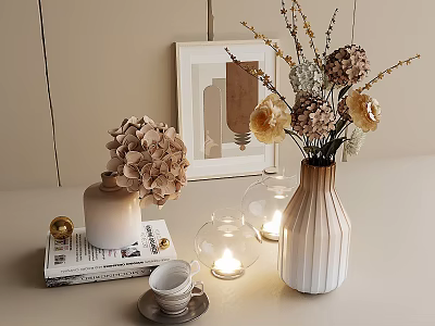 Decorative Ornament Set with Dried Flowers Vase Glass Lantern Picture Frame Candle Teacup and Books 3d model