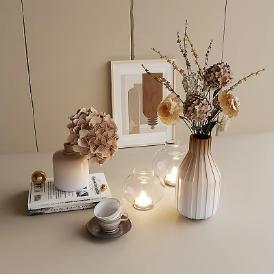 Decorative Ornament Set with Dried Flowers Vase Glass Lantern Picture Frame Candle Teacup and Books 3d model