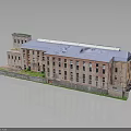 Red Brick Multi Story Industrial Building With Rows of Windows and Flat Roof Green Surrounding Ground