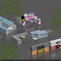 Various Container Buildings With Different Structures Colorful Exteriors And Trees Around