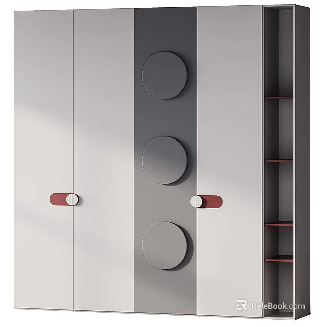 Modern Console Table With Grey Panel Circular Accents Red Handles And Storage Shelves 3d model