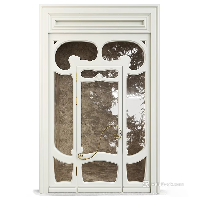 Elegant Hinged Door With White Frame Clear Glass Panels And Decorative Metal Accents 3d model 