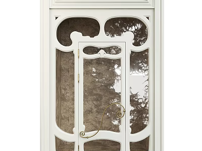 Elegant Hinged Door With White Frame Clear Glass Panels And Decorative Metal Accents 3d model
