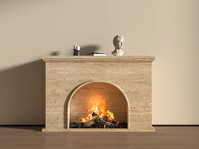 Beige Stone Fireplace with Arched Design Burning Fire and Statue Book on Mantel Wooden Floor 3d model