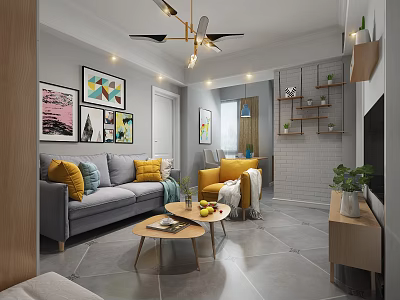 Modern Living Room Interior With Gray Sofa Yellow Armchair Colorful Wall Art And Wooden Coffee Table 3d model