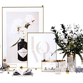 Home Decorative Accessory Set With Golden Frame Cotton Art Black Bottle LOVE Sign White Flowers