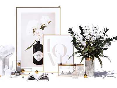 Home Decorative Accessory Set With Golden Frame Cotton Art Black Bottle LOVE Sign White Flowers 3d model