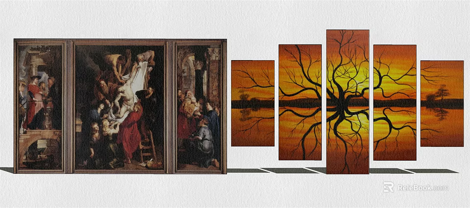 Classical Figurative Painting With Surrounding Landscape Artworks And Modern Wall Decor 3d model 