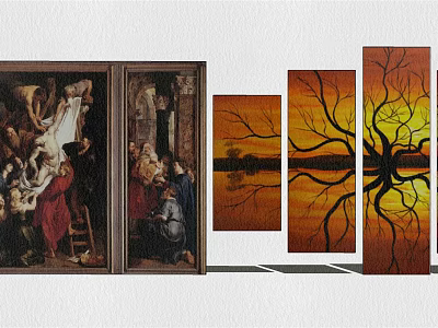 Classical Figurative Painting With Surrounding Landscape Artworks And Modern Wall Decor 3d model