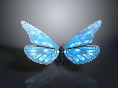 Blue Glowing Butterfly With Shiny Transparent Wings And Reflection On Dark Background 3d model
