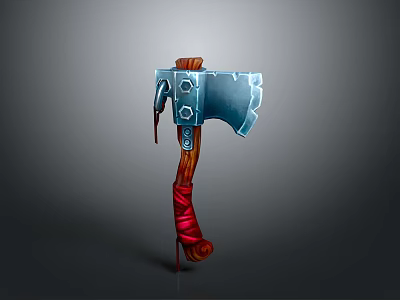 3D Model Battle Axe With Metal Blade Blue Silver Design And Wooden Handle Red Straps 3d model