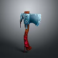 3D Model Battle Axe With Metal Blade Blue Silver Design And Wooden Handle Red Straps
