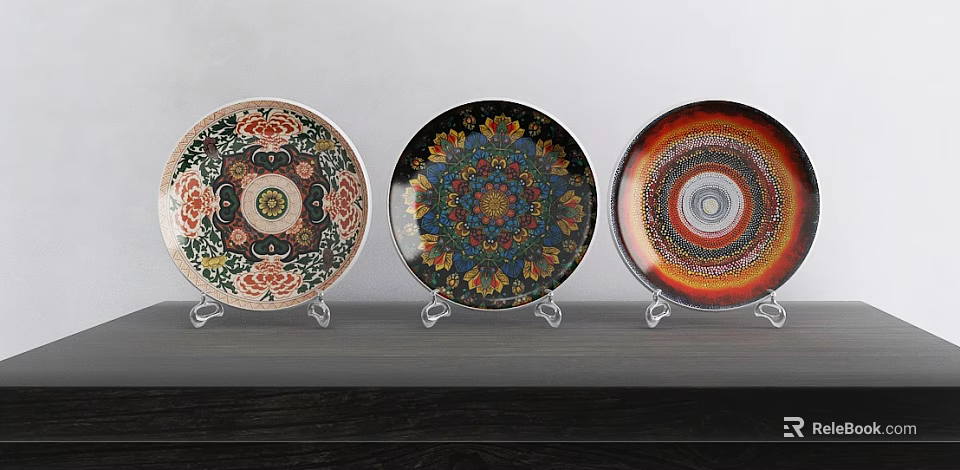 Colorful Ceramic Decorative Plates With Intricate Floral And Geometric Patterns On Acrylic Display Stands 3d model 