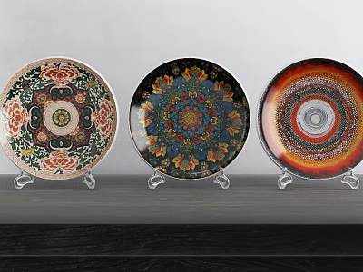 Colorful Ceramic Decorative Plates With Intricate Floral And Geometric Patterns On Acrylic Display Stands 3d model