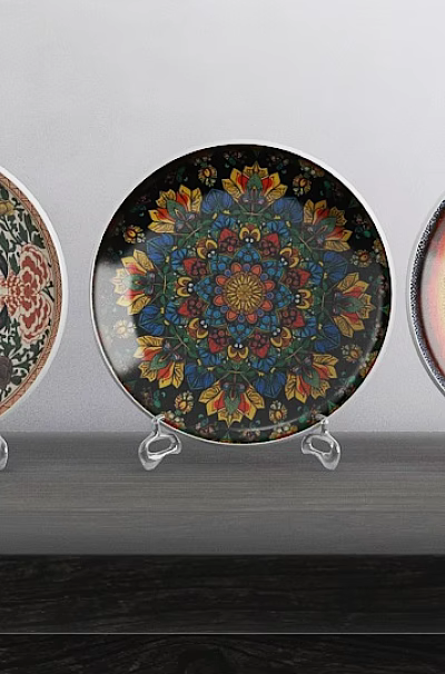 Colorful Ceramic Decorative Plates With Intricate Floral And Geometric Patterns On Acrylic Display Stands 3d model