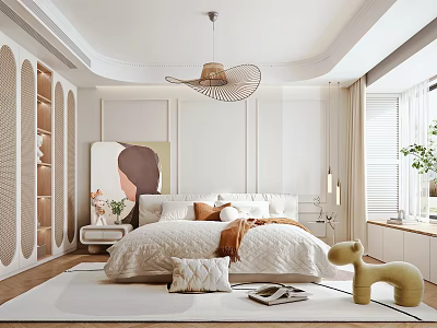 Modern Bedroom Interior With Cozy Bed Artwork Woven Chandelier And Soft Rug 3d model