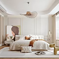 Modern Bedroom Interior With Cozy Bed Artwork Woven Chandelier And Soft Rug