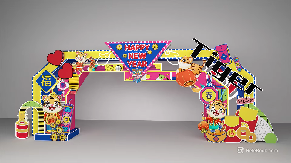 New Year Event Gate With Tiger Decorations Fu Spring Characters And Lanterns 3d model