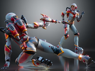 Futuristic Game Movie Character in Mech Armor with Glowing Weapon and Dynamic Poses 3d model
