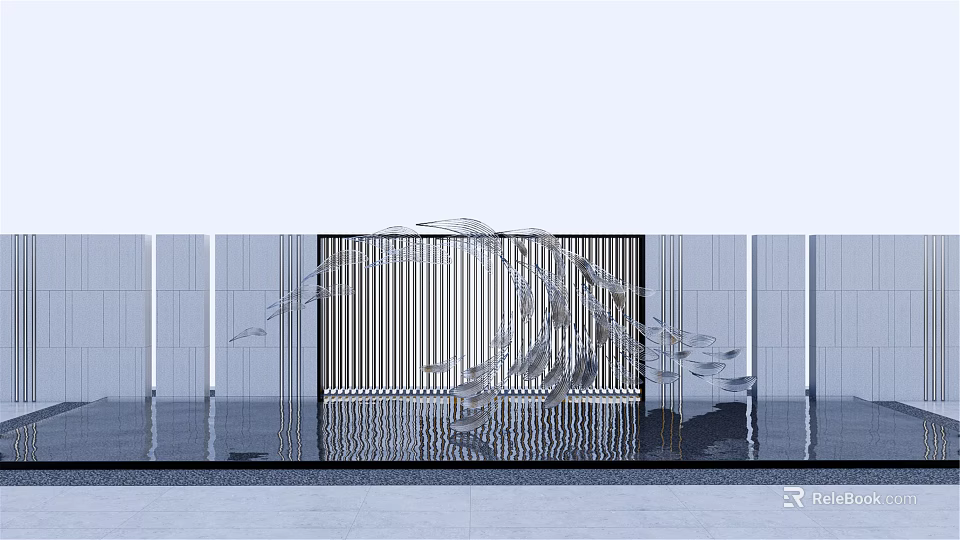 Modern Landscape Sculpture Silver Streamlined Flowing Form With Gray Vertical Striped Wall Water Surface Reflection 3d model